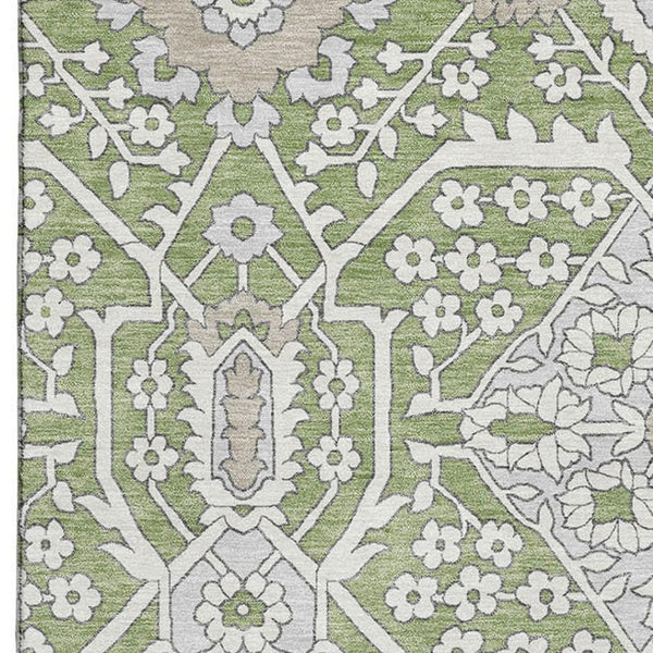 HomeRoots 10' X 14' Artichoke Green Floral Area Rug - Washable, UV-Protected, Stylish & Stain Resistant for Homes 668477