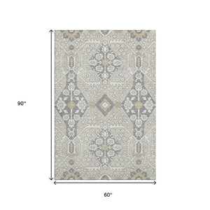 HomeRoots 5' X 8' Beige Ivory Gray Floral Washable Area Rug - Durable, Stain Resistant & UV Protected Design 668479