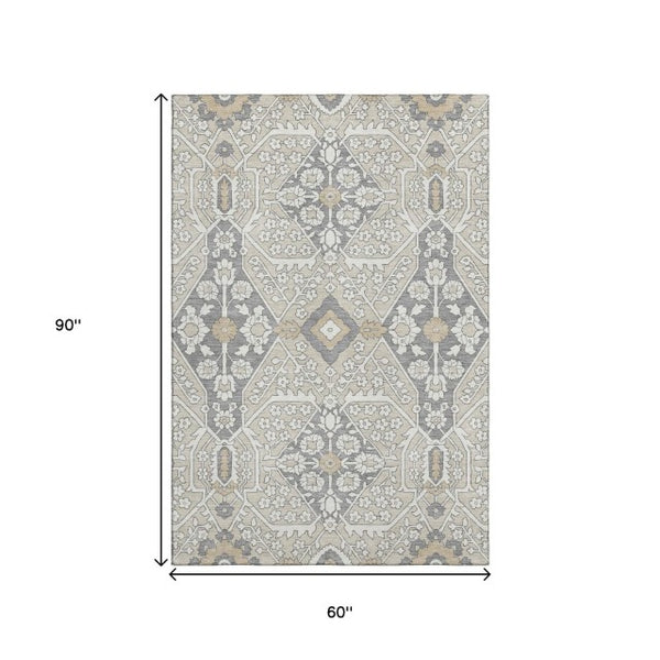 HomeRoots 5' X 8' Beige Ivory Gray Floral Washable Area Rug - Durable, Stain Resistant & UV Protected Design 668479
