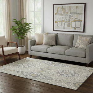 HomeRoots 5' X 8' Beige Ivory Gray Floral Washable Area Rug - Durable, Stain Resistant & UV Protected Design 668479