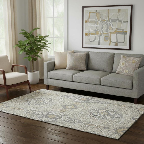 HomeRoots 5' X 8' Beige Ivory Gray Floral Washable Area Rug - Durable, Stain Resistant & UV Protected Design 668479