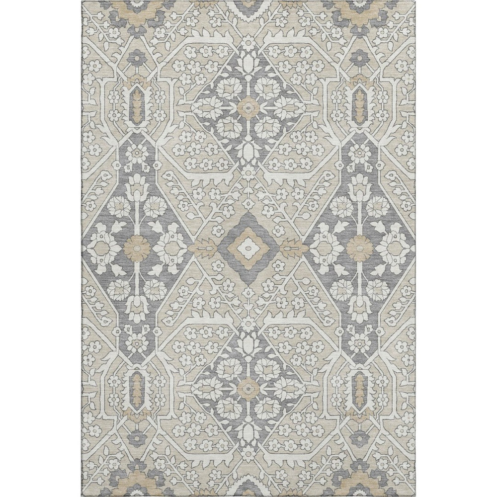 HomeRoots 5' X 8' Beige Ivory Gray Floral Washable Area Rug - Durable, Stain Resistant & UV Protected Design 668479
