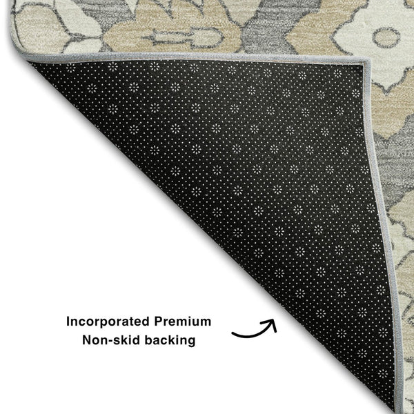 HomeRoots 5' X 8' Beige Ivory Gray Floral Washable Area Rug - Durable, Stain Resistant & UV Protected Design 668479