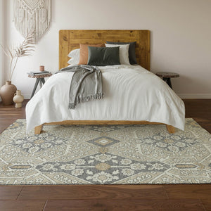 HomeRoots 5' X 8' Beige Ivory Gray Floral Washable Area Rug - Durable, Stain Resistant & UV Protected Design 668479