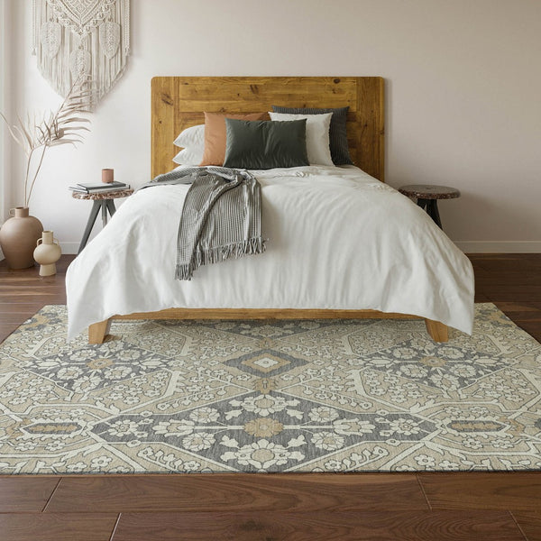 HomeRoots 5' X 8' Beige Ivory Gray Floral Washable Area Rug - Durable, Stain Resistant & UV Protected Design 668479