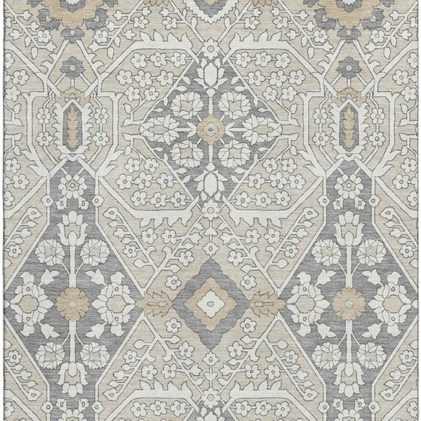 HomeRoots 5' X 8' Beige Ivory Gray Floral Washable Area Rug - Durable, Stain Resistant & UV Protected Design 668479