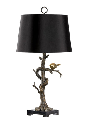 Wildwood Tweet Bronze Tree Lamp With Antique-Brass Bird, Black Marble Base & Silkette Shade For Elegant Tablescape 66848