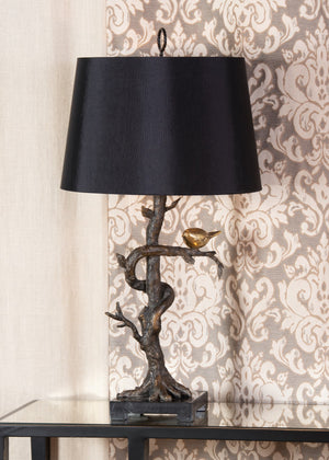 Wildwood Tweet Bronze Tree Lamp With Antique-Brass Bird, Black Marble Base & Silkette Shade For Elegant Tablescape 66848