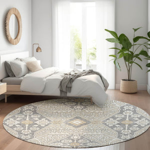 HomeRoots 8' Beige Ivory and Gray Floral Washable Round Rug - Durable, UV Protected, Perfect for High-Traffic Areas! 668480