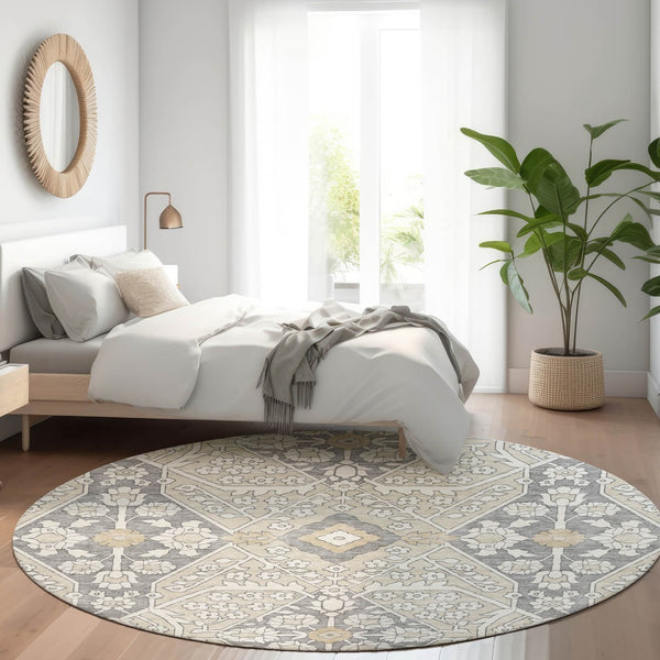 HomeRoots 8' Beige Ivory and Gray Floral Washable Round Rug - Durable, UV Protected, Perfect for High-Traffic Areas! 668480