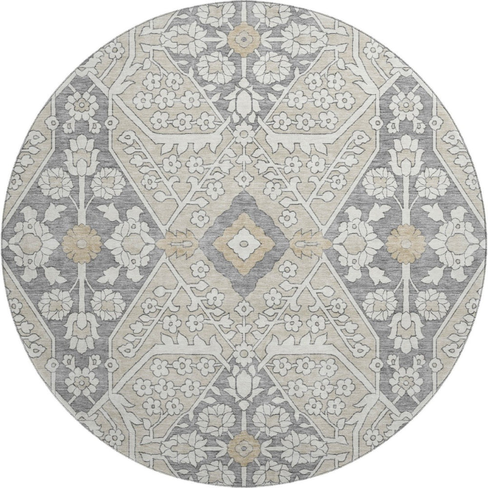 HomeRoots 8' Beige Ivory and Gray Floral Washable Round Rug - Durable, UV Protected, Perfect for High-Traffic Areas! 668480