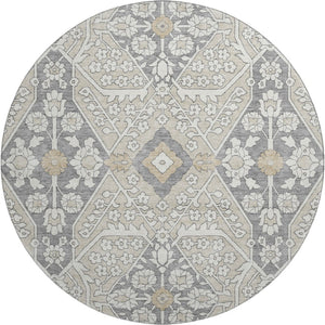 HomeRoots 8' Beige Ivory and Gray Floral Washable Round Rug - Durable, UV Protected, Perfect for High-Traffic Areas! 668480