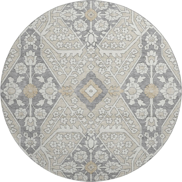 HomeRoots 8' Beige Ivory and Gray Floral Washable Round Rug - Durable, UV Protected, Perfect for High-Traffic Areas! 668480