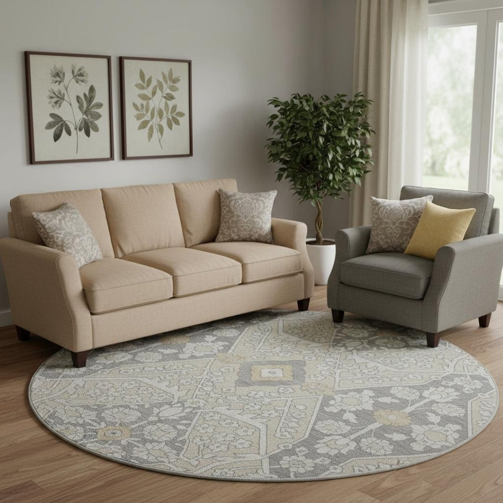 HomeRoots 8' Beige Ivory and Gray Floral Washable Round Rug - Durable, UV Protected, Perfect for High-Traffic Areas! 668480