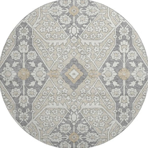 HomeRoots 8' Beige Ivory and Gray Floral Washable Round Rug - Durable, UV Protected, Perfect for High-Traffic Areas! 668480