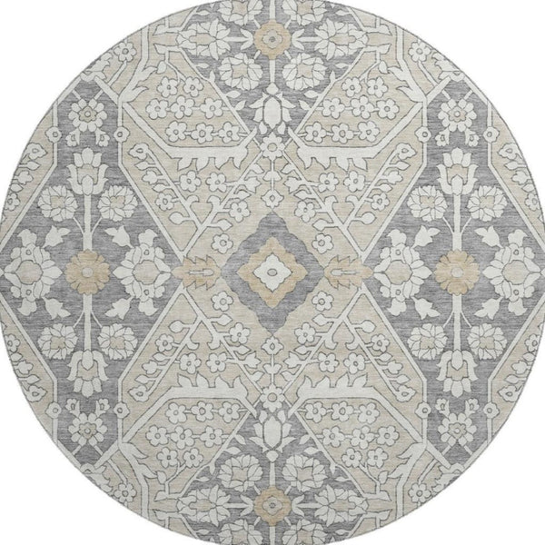 HomeRoots 8' Beige Ivory and Gray Floral Washable Round Rug - Durable, UV Protected, Perfect for High-Traffic Areas! 668480