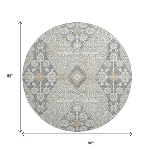 HomeRoots 8' Beige Ivory and Gray Floral Washable Round Rug - Durable, UV Protected, Perfect for High-Traffic Areas! 668480