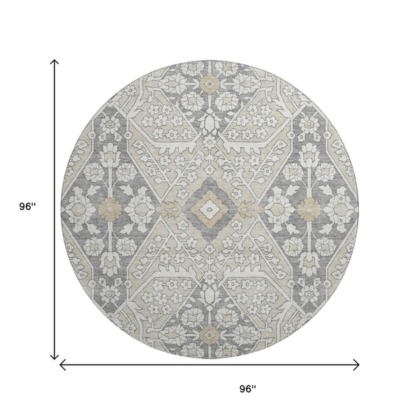 HomeRoots 8' Beige Ivory and Gray Floral Washable Round Rug - Durable, UV Protected, Perfect for High-Traffic Areas! 668480