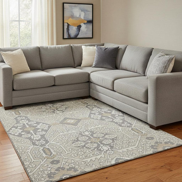 HomeRoots 8' X 10' Washable Beige Ivory Gray Floral Area Rug with UV Protection - Durable & Stylish Home Décor 668481