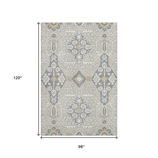 HomeRoots 8' X 10' Washable Beige Ivory Gray Floral Area Rug with UV Protection - Durable & Stylish Home Décor 668481