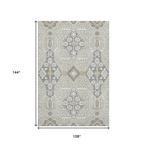 HomeRoots 9' X 12' Elegant Beige Ivory & Gray Floral Area Rug - Washable, UV Protected, Durable for Homes 668482