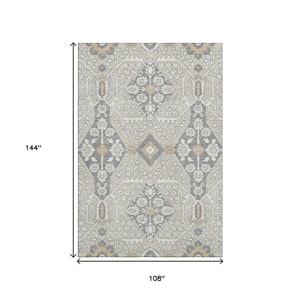 HomeRoots 9' X 12' Elegant Beige Ivory & Gray Floral Area Rug - Washable, UV Protected, Durable for Homes 668482