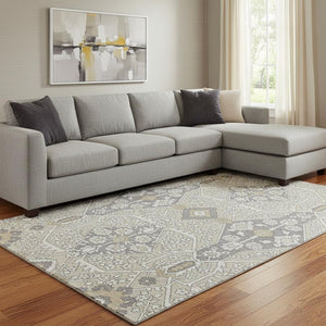 HomeRoots 9' X 12' Elegant Beige Ivory & Gray Floral Area Rug - Washable, UV Protected, Durable for Homes 668482