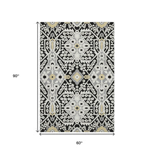 HomeRoots 5' X 8' Elegant Black Gray Gold Floral Washable Area Rug with UV Protection for High-Traffic Spaces 668485