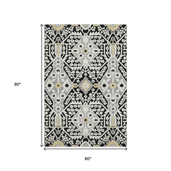 HomeRoots 5' X 8' Elegant Black Gray Gold Floral Washable Area Rug with UV Protection for High-Traffic Spaces 668485