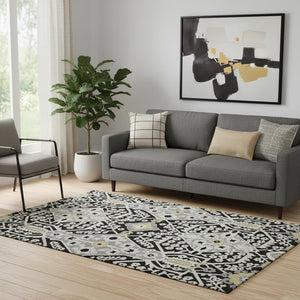 HomeRoots 5' X 8' Elegant Black Gray Gold Floral Washable Area Rug with UV Protection for High-Traffic Spaces 668485