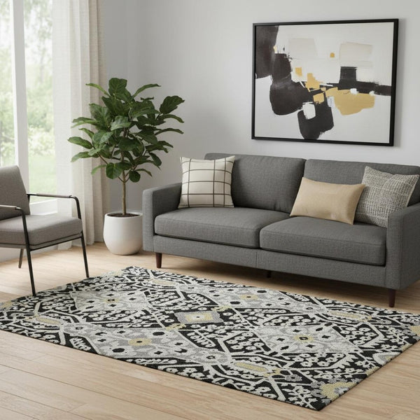 HomeRoots 5' X 8' Elegant Black Gray Gold Floral Washable Area Rug with UV Protection for High-Traffic Spaces 668485