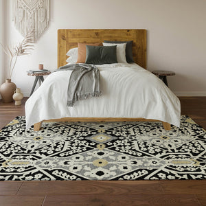 HomeRoots 5' X 8' Elegant Black Gray Gold Floral Washable Area Rug with UV Protection for High-Traffic Spaces 668485