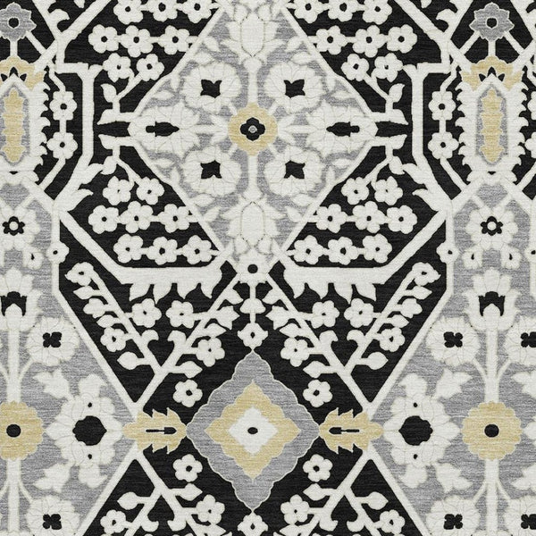 HomeRoots 5' X 8' Elegant Black Gray Gold Floral Washable Area Rug with UV Protection for High-Traffic Spaces 668485