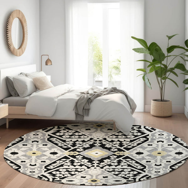 HomeRoots 8' Black Gray and Gold Floral Washable Round Rug - Durable, UV-Protected, Perfect for High-Traffic Spaces 668486