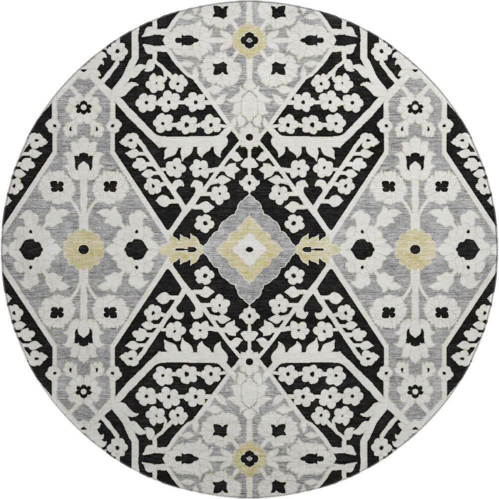HomeRoots 8' Black Gray and Gold Floral Washable Round Rug - Durable, UV-Protected, Perfect for High-Traffic Spaces 668486