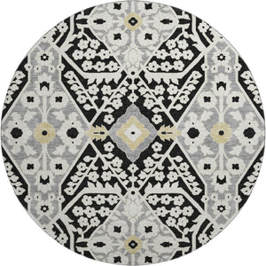HomeRoots 8' Black Gray and Gold Floral Washable Round Rug - Durable, UV-Protected, Perfect for High-Traffic Spaces 668486