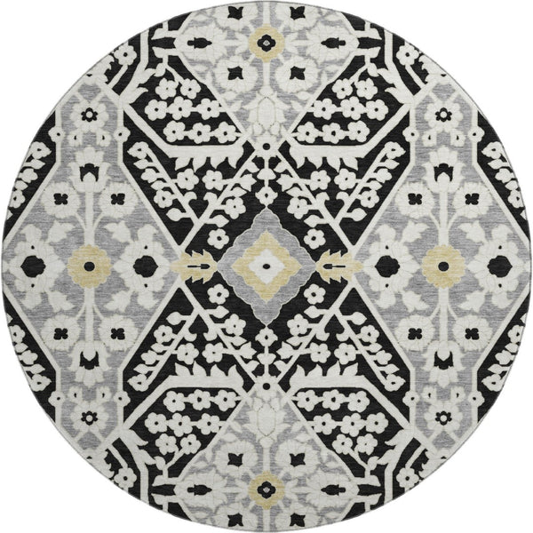 HomeRoots 8' Black Gray and Gold Floral Washable Round Rug - Durable, UV-Protected, Perfect for High-Traffic Spaces 668486
