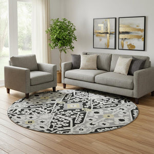 HomeRoots 8' Black Gray and Gold Floral Washable Round Rug - Durable, UV-Protected, Perfect for High-Traffic Spaces 668486