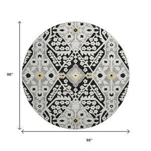 HomeRoots 8' Black Gray and Gold Floral Washable Round Rug - Durable, UV-Protected, Perfect for High-Traffic Spaces 668486