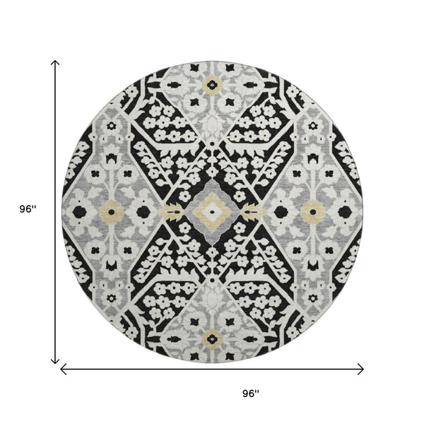 HomeRoots 8' Black Gray and Gold Floral Washable Round Rug - Durable, UV-Protected, Perfect for High-Traffic Spaces 668486