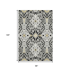HomeRoots 8' X 10' Black Gray Gold Floral Washable Area Rug - Stylish, Durable, UV Protected for Everyday Use 668487