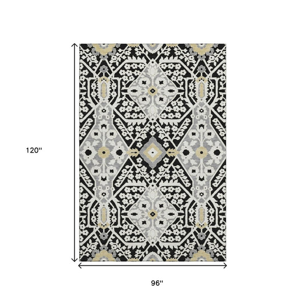 HomeRoots 8' X 10' Black Gray Gold Floral Washable Area Rug - Stylish, Durable, UV Protected for Everyday Use 668487