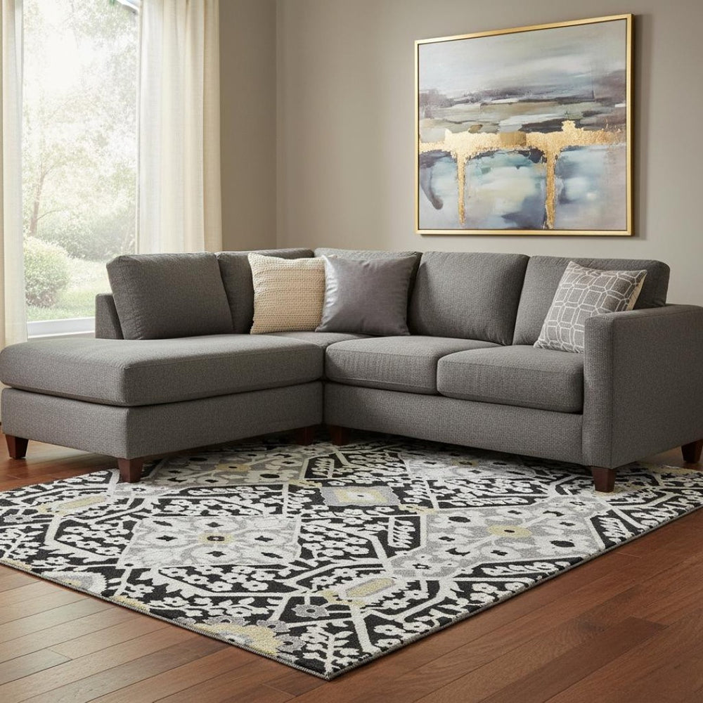HomeRoots 8' X 10' Black Gray Gold Floral Washable Area Rug - Stylish, Durable, UV Protected for Everyday Use 668487