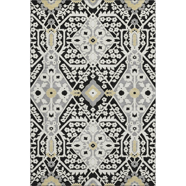 HomeRoots 8' X 10' Black Gray Gold Floral Washable Area Rug - Stylish, Durable, UV Protected for Everyday Use 668487