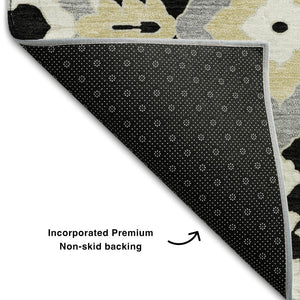 HomeRoots 8' X 10' Black Gray Gold Floral Washable Area Rug - Stylish, Durable, UV Protected for Everyday Use 668487