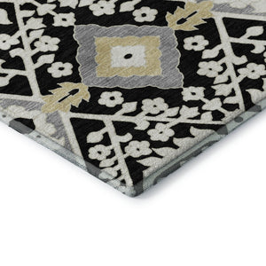 HomeRoots 8' X 10' Black Gray Gold Floral Washable Area Rug - Stylish, Durable, UV Protected for Everyday Use 668487