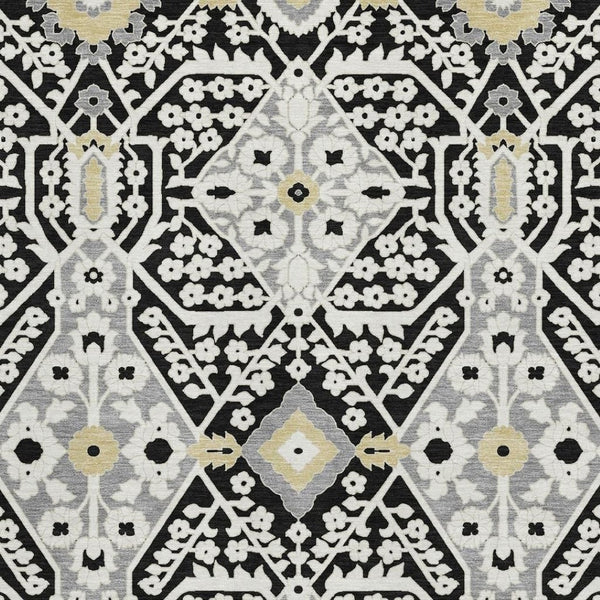 HomeRoots 8' X 10' Black Gray Gold Floral Washable Area Rug - Stylish, Durable, UV Protected for Everyday Use 668487