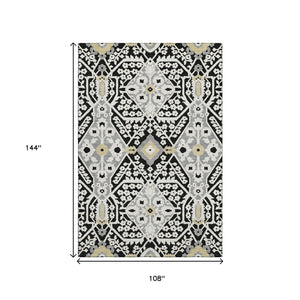 HomeRoots 9' X 12' Washable Floral Area Rug in Black, Gray & Gold - UV Protected, Durable for High-Traffic Areas 668488