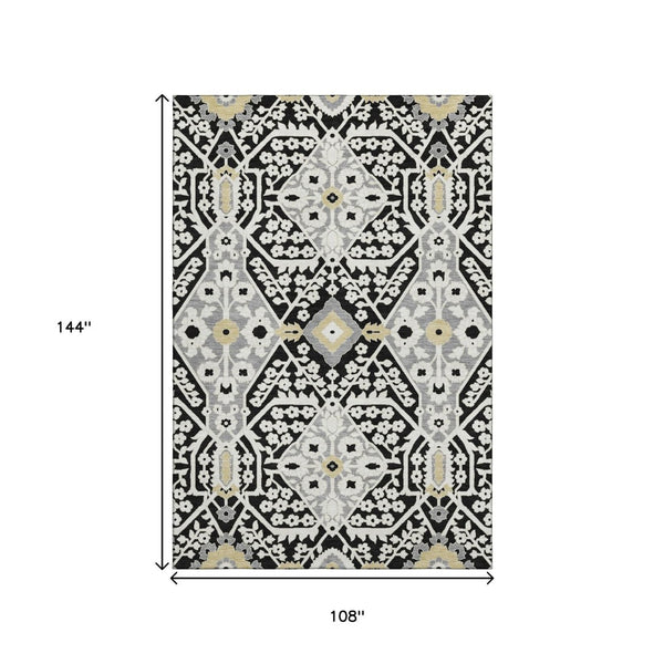 HomeRoots 9' X 12' Washable Floral Area Rug in Black, Gray & Gold - UV Protected, Durable for High-Traffic Areas 668488
