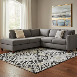 HomeRoots 9' X 12' Washable Floral Area Rug in Black, Gray & Gold - UV Protected, Durable for High-Traffic Areas 668488